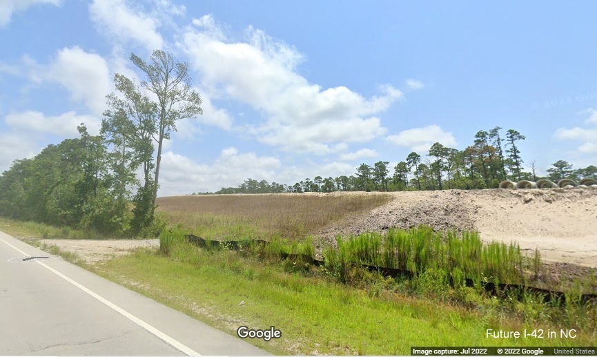 Image of construction alongside US 70 East for Future I-42 Havelock Bypass, Google Maps Street View image, June 2022 