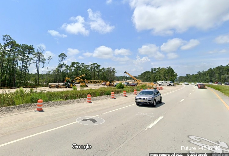 Image from US 70 West looking at eastern end of Future I-42 Havelock Bypass, Google Maps Street View image, June 2022 