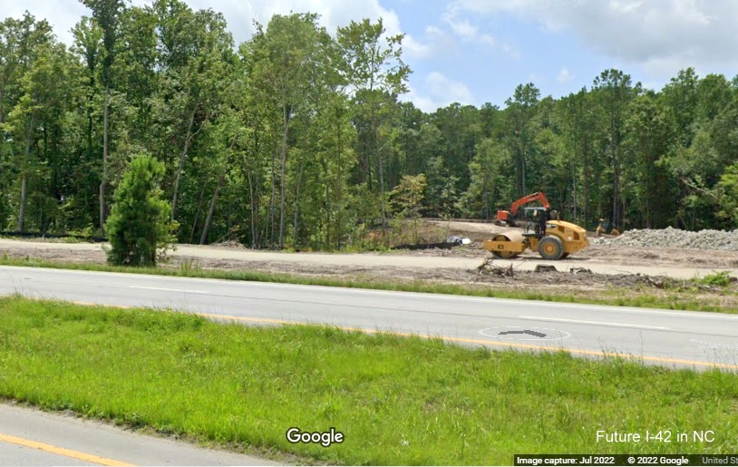 Image of construction from US 70 West for Future I-42 Havelock Bypass, Google Maps Street View image, June 2022 