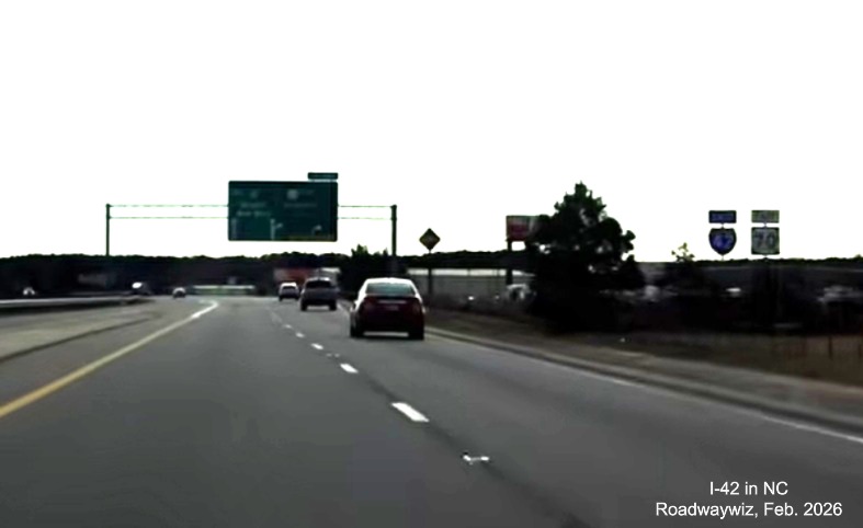 Screen grab image of new East I-42/East US 70 ressurance marker at the start of the
Goldsboro Bypass, Roadwaywiz Feburary 2026