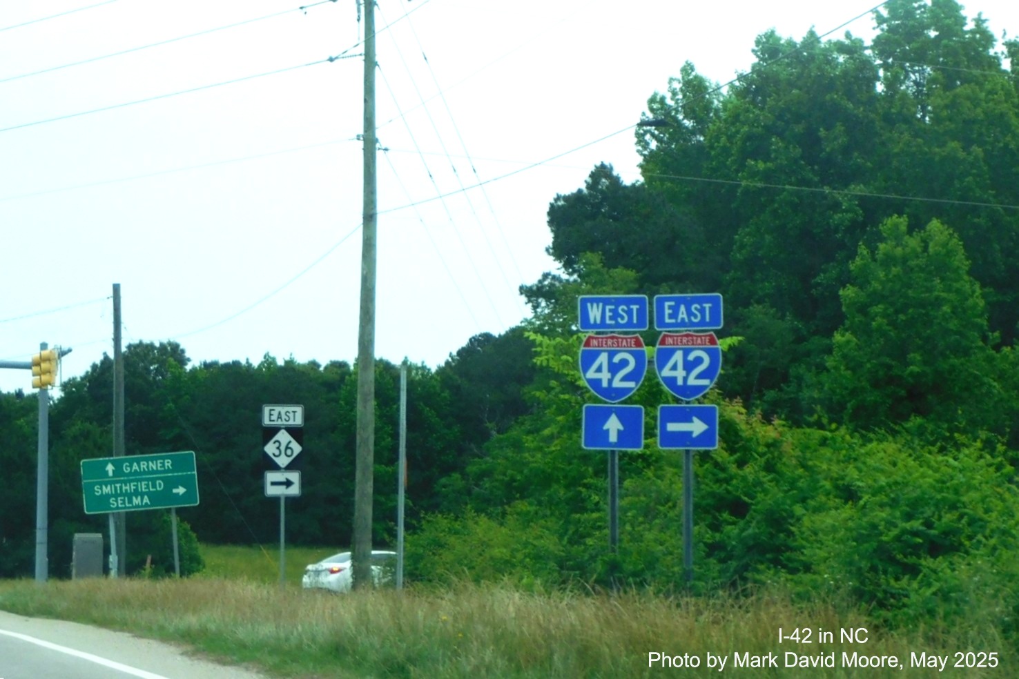 Image of newly placed NC 36 East trailblazer on ramp sign for I-42 East in Clayton, by
Mark David Moore, May 2025