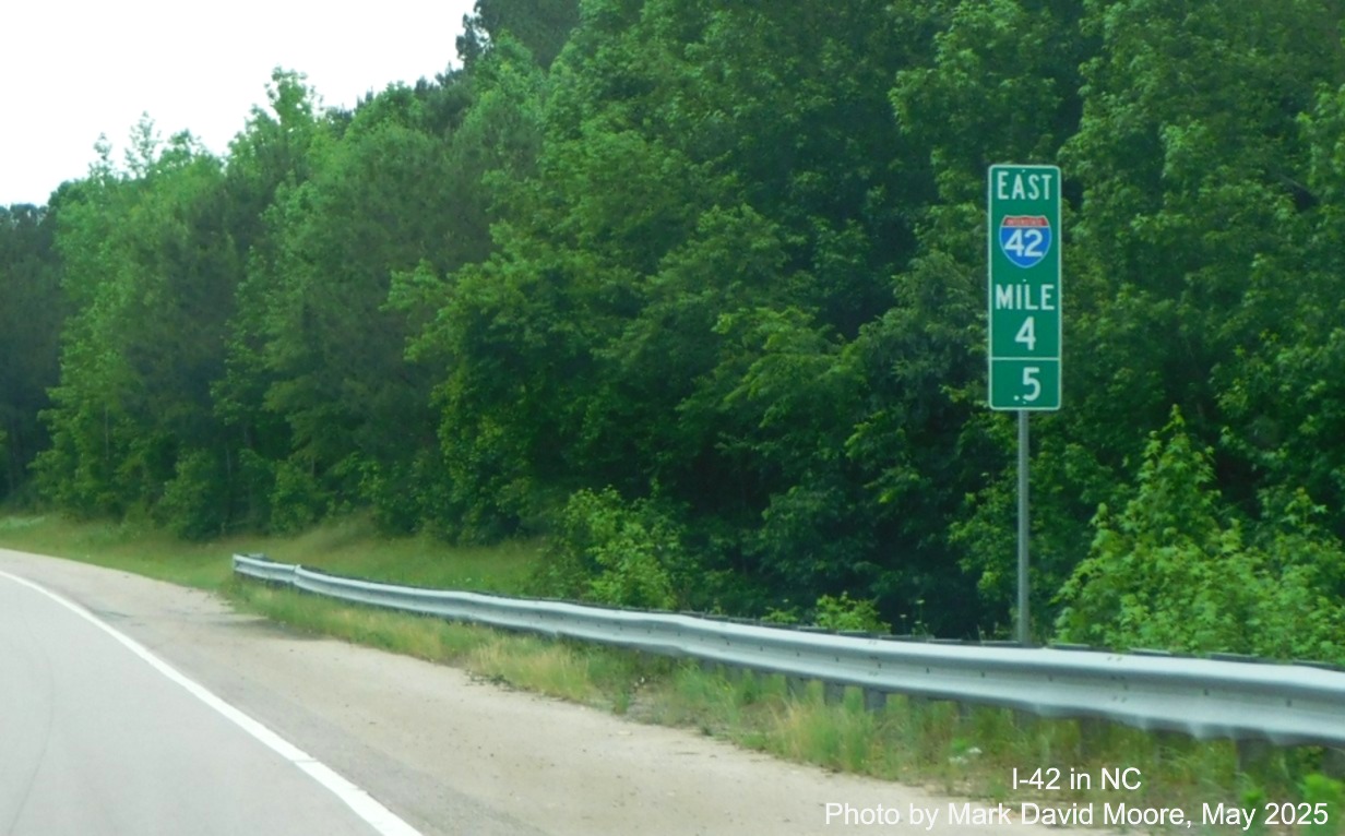 Image of newly I-42 Mile 4.5 milemarker on I-42 East in Clayton, by
Mark David Moore, May 2025