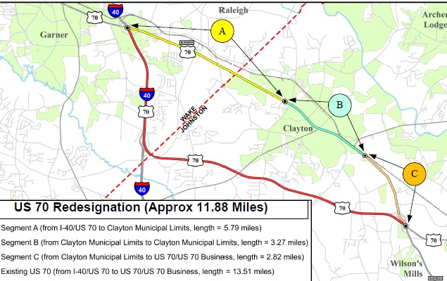 NCDOT map of proposed return of US 70 to its original alignment through Clayton as part of the process to sign I-42, February 2022