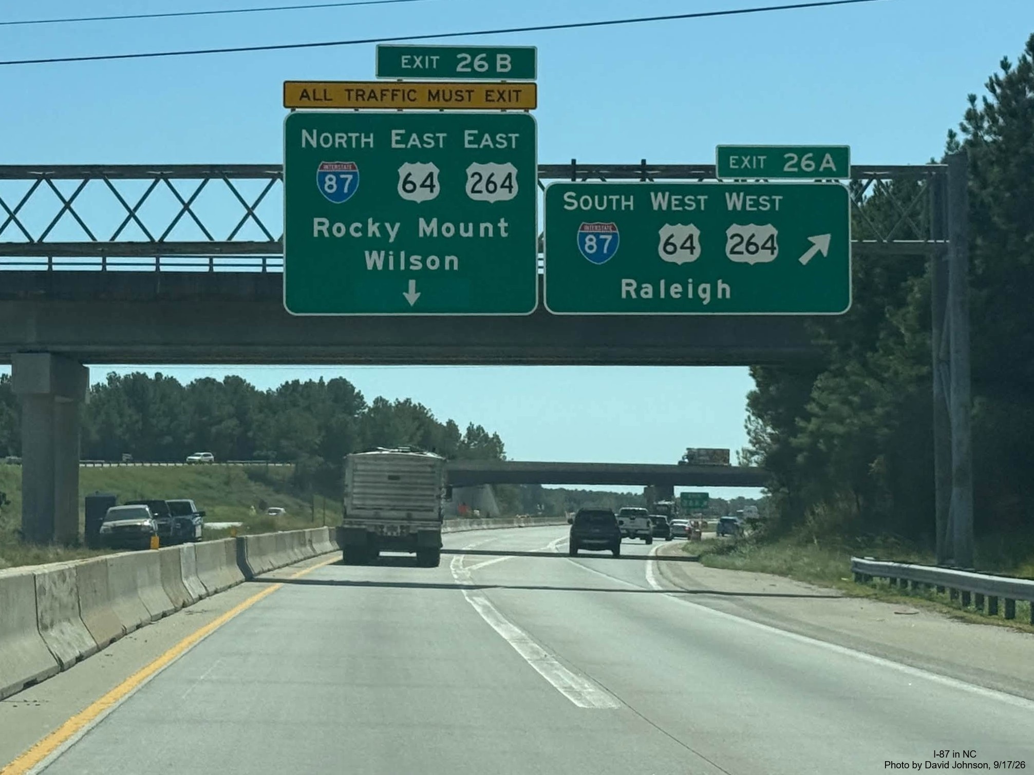 Image at the end of I-540 East at the overhead signs for the Knightdale Bypass in
Raleigh, by David Johnson