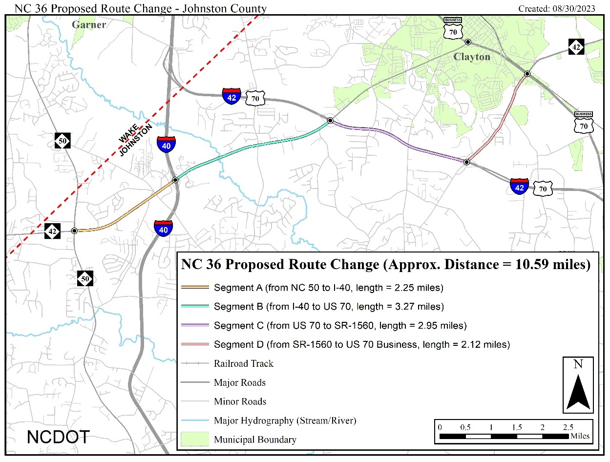 NCDOT map of proposed renumbering of NC 42 to NC 36 in area near Future I-42, February 2022
