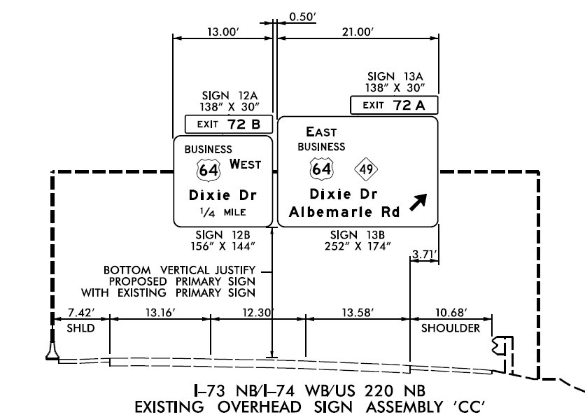 NCDOT sign plan for new signs at exit ramps to Business 64/NC 49 in Asheboro, published in June 2024