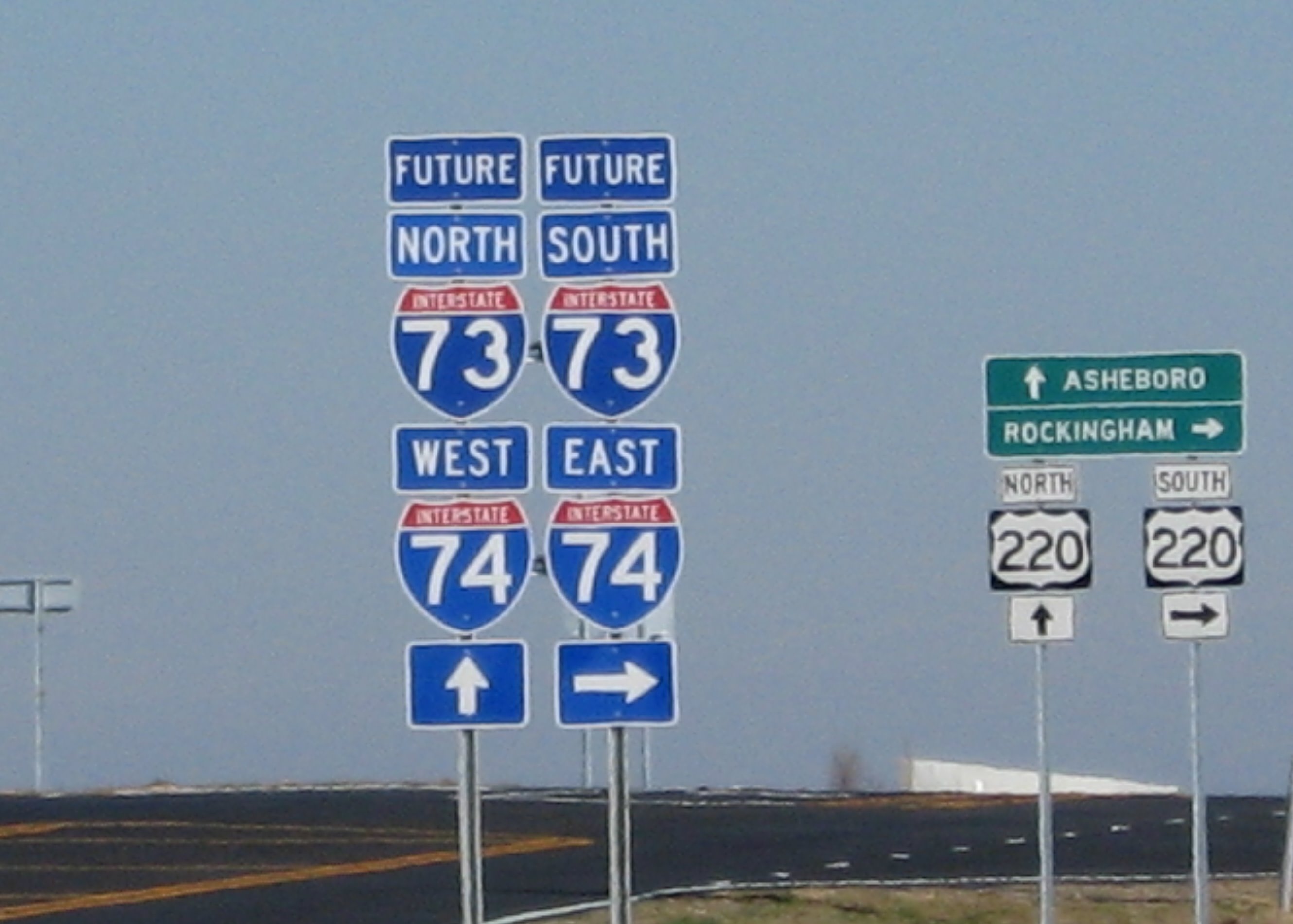 Photo of Future I-73/I-74 and US 220 and US 220 Destination Sign Assemblies 
at NC 73 Interchange, Jan. 2008