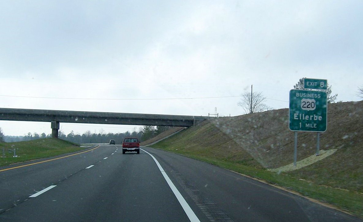 Photo of sign for the last exit on the US 220 Bypass (Future I-73/
I-74) heading south, Business 220 Ellerbe, Feb. 2008