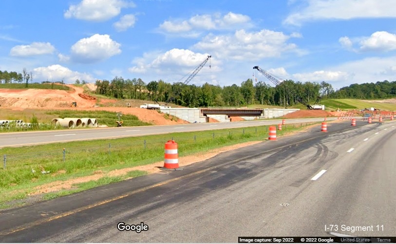 Image of view along US 74 East of construction of future I-73/I-74 Rockingham 
       Bypass, Google Maps Street View, September 2022