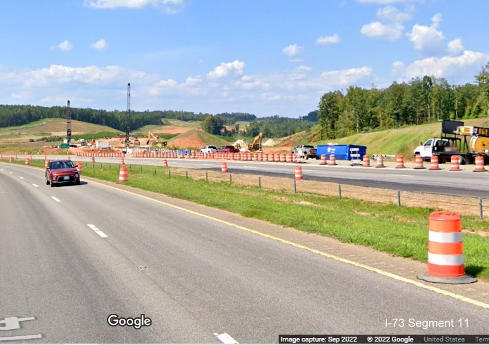 Image of view along US 74 East approaching construction site of future I-73/I-74 Rockingham 
       Bypass, Google Maps Street View, September 2022