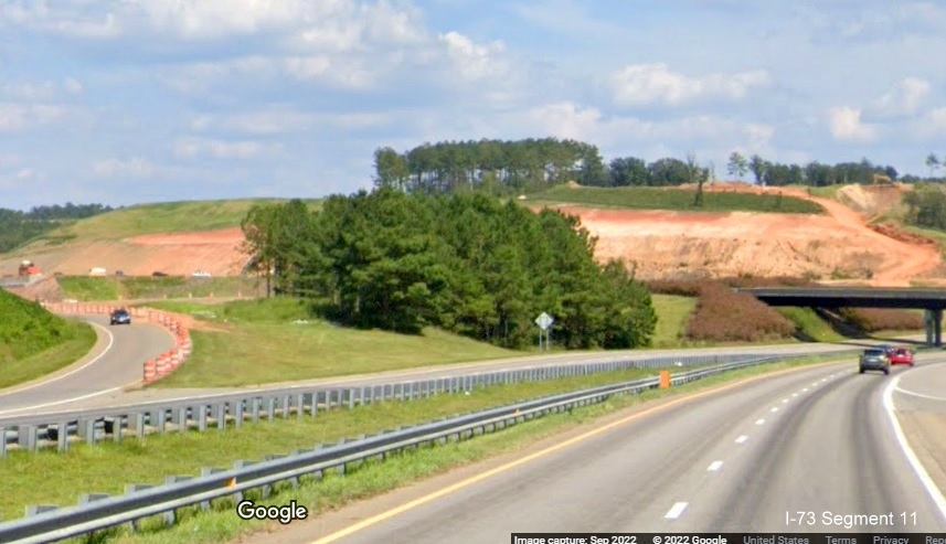 Image of view along US 74 East approaching construction site of future I-73/I-74 Rockingham 
       Bypass, Google Maps Street View, September 2022