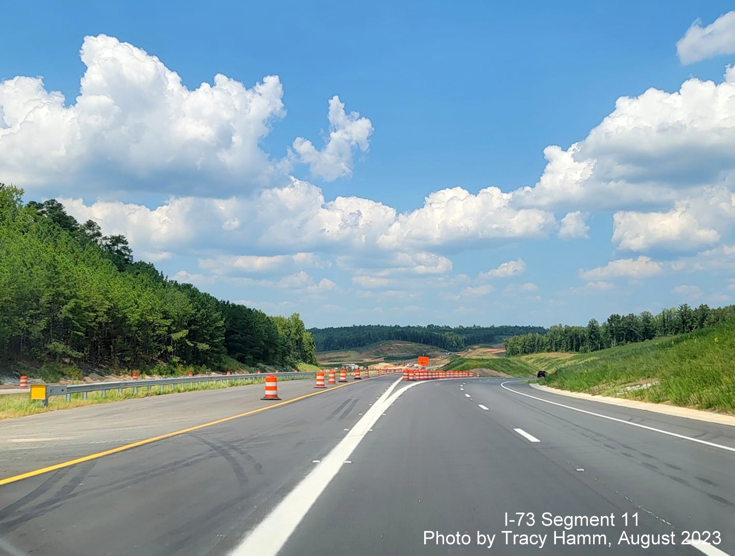 Image of US 74 West roadway using new exit ramp from future I-73/I-74 at Rockingham Bypass interchange, by Tracy Hamm, August 2023