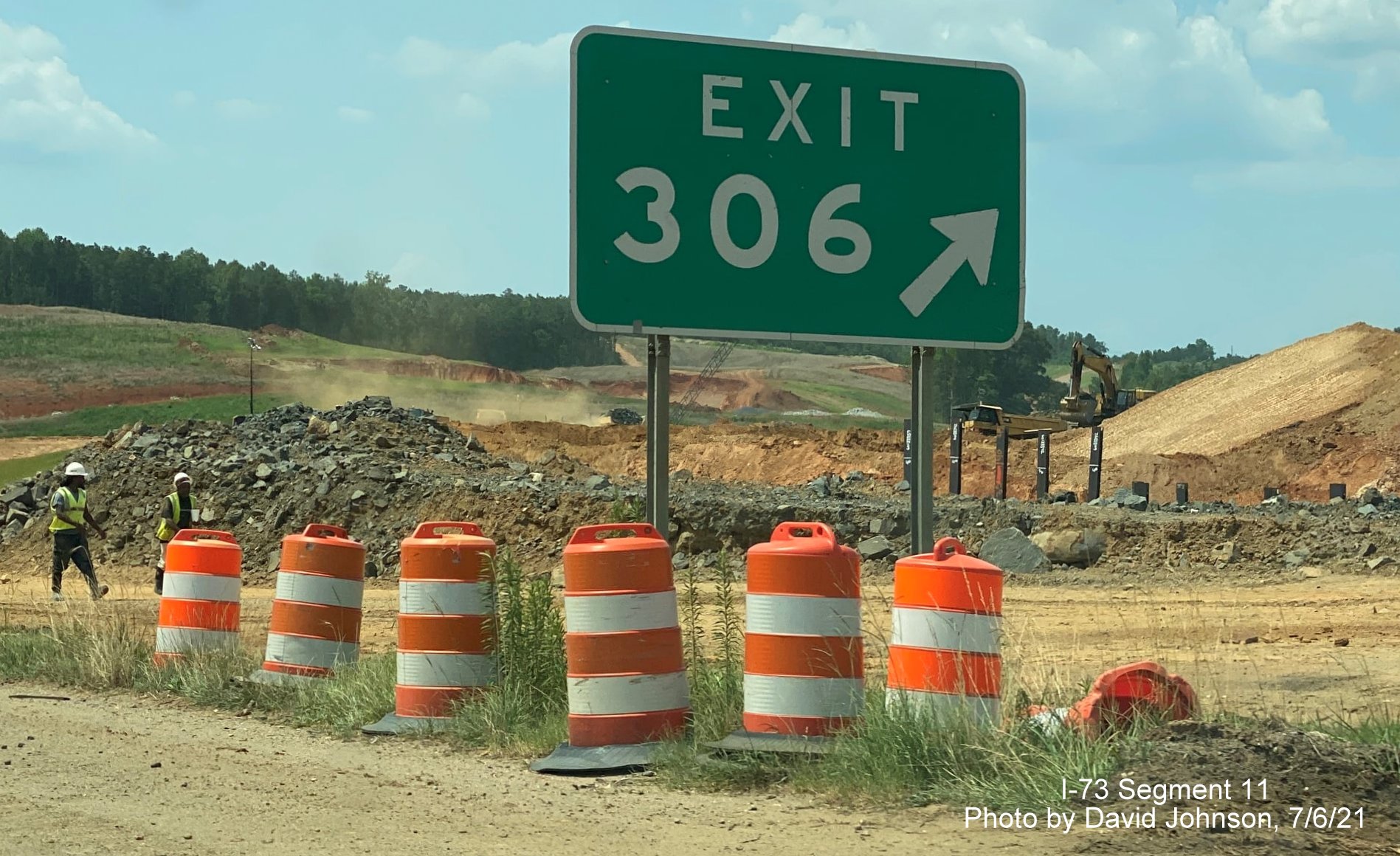 Image of gore sign at closed Business US 74 exit ramp in I-73/I-74 Rockingham Bypass construction zone as seen from 
        US 74 West, by David Johnson, July 2021