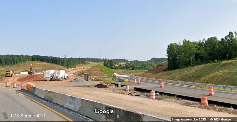 Image of new Business US 74 ramp lanes and Future I-73/I-74 Rockingham Bypass lanes from US 74 East, Google Maps Street View, 
        July 2023