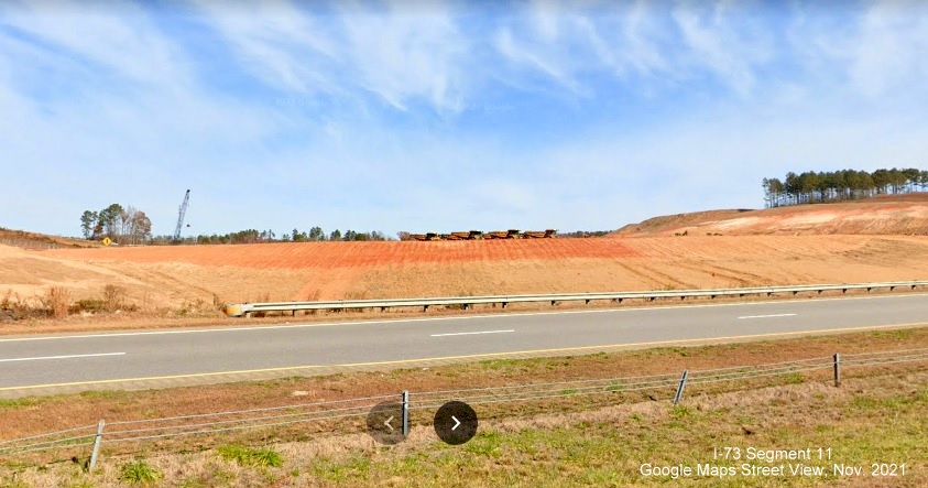 Image of construction area for future I-73/I-74 Rockingham Bypass as seen from US 74 East lanes, 
        Google Maps Street View image, November 2021