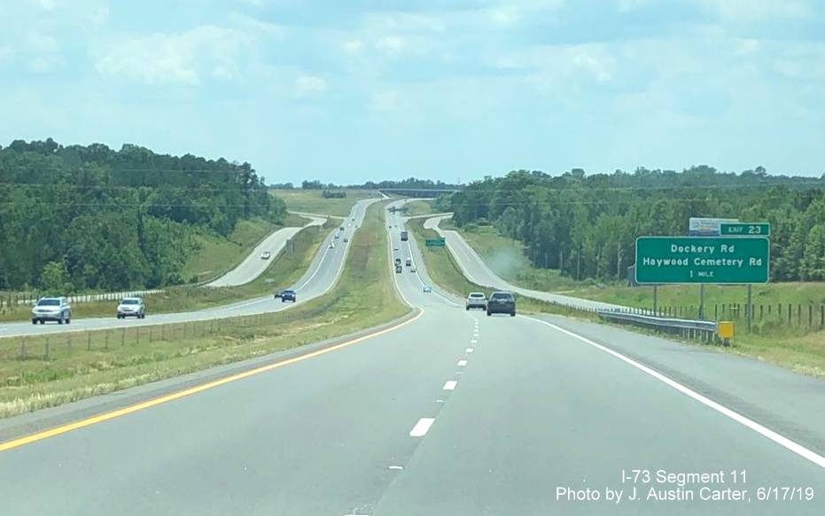 Image of 1-mile advance ground mounted sign for Dockery Rd/Haywood Cemetery Rd exit on I-73/US 220 South, I-74 East in Richmond County, by J. Austin Carter