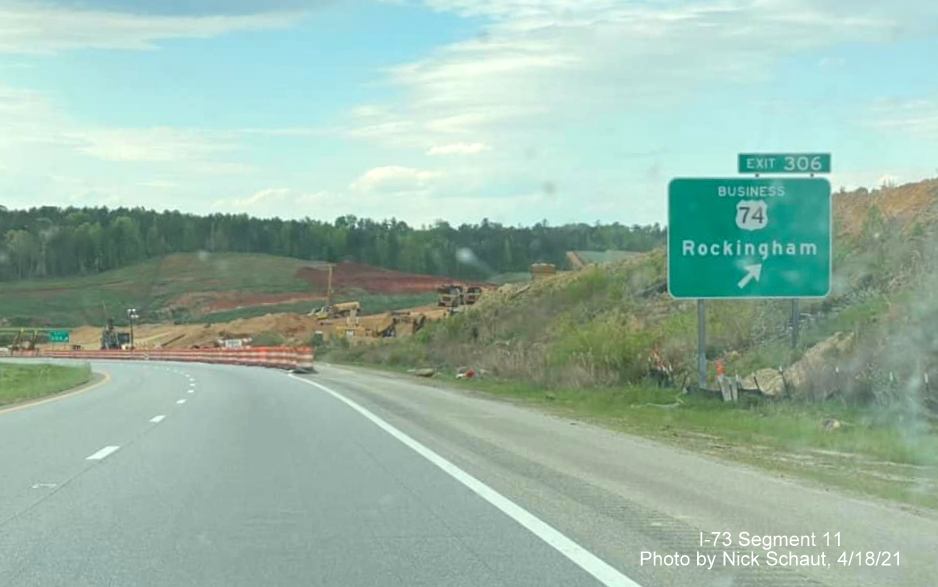 Image of Business US 74 exit sign ahead of closure due to I-73/I-74 Rockingham Bypass construction, by Nick Schaut, April 2021