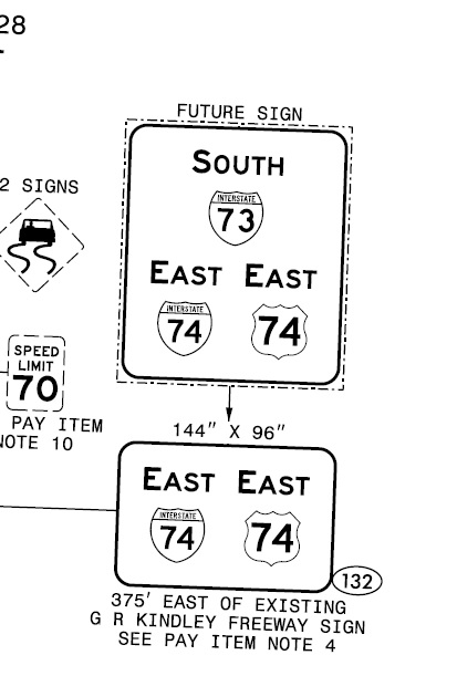 Image of NCDOT plan for new I-74/US 74 East and Future I-73 South reassurance marker 
	sign along current US 74 Rockingham Bypass
