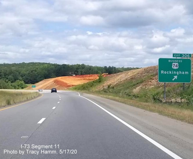 Image of construction underway for future I-73/I-74 interchange with US 74 Bypass west of Rockingham,
                                          by Tracy Hamm in May 2020