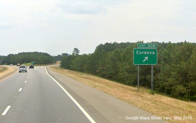 Google Maps Street View image of ground mounted ramp sign for Cordova 
	  exit on US 74 (Future I-73 South/I-74 East) East in Rockingham, taken in May 2019