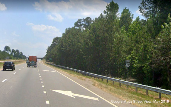 Google Maps Street View image showing East US 74 reassurance marker without 
	  Future I-74 shield removed in 2016, taken in May 2019
