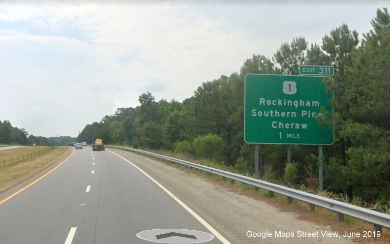 Google Maps Street View image of 1-mile advance sign for US 1 exit on 
	  US 74 (Future I-73 South/I-74 East) East in Rockingham, taken in May 2019