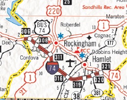 Part of NCDOT 2023-24 State Transportation 
			  Map showing US 74 Rockingham Bypass and area around I-73 Segment 12, July 2023