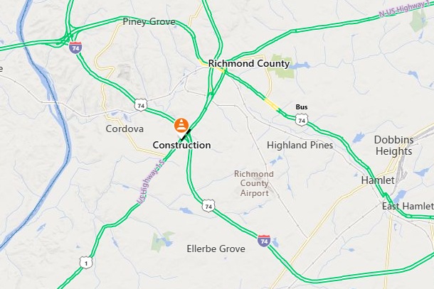 Part of NCDOT Real-Time Traffic  
			  Map showing I-74/US 74 Rockingham Bypass and area around I-73 Segment 12, February 2026