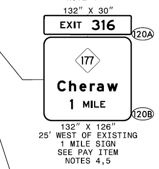 Image of NCDOT plan for NC 177 exit sign on US 74 Rockingham Bypass after 
	completion of I-73/I-74 Rockingham Bypass in 2023