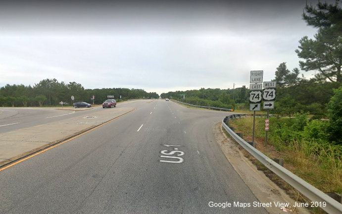 Google Maps Street View image of US 74 trailblazer signage along US 1 
	  South in Rockingham, taken in June 2019, no longer references to Future I-74