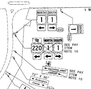 NCDOT plan image of signage at ramps to US 1 from Future I-74/US 74 in Rockingham, 
	omitting US 220 shields in 2023.