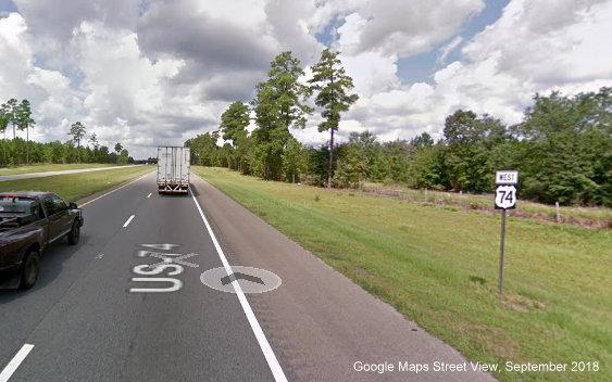 Google Maps Street View image of West US 74 reassurance marker following NC 
	  177 exit taken in September 2018, without corresponding Future I-74 shield since 2016