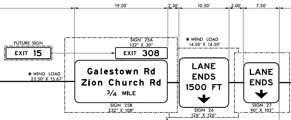 Image of plan for future former Cordova exit sign now reading Galestown Rd/Zion 
	Church Rd on current US 74 Rockingham Bypass upon completion of I-73/I-74 Rockingham Bypass in 2023