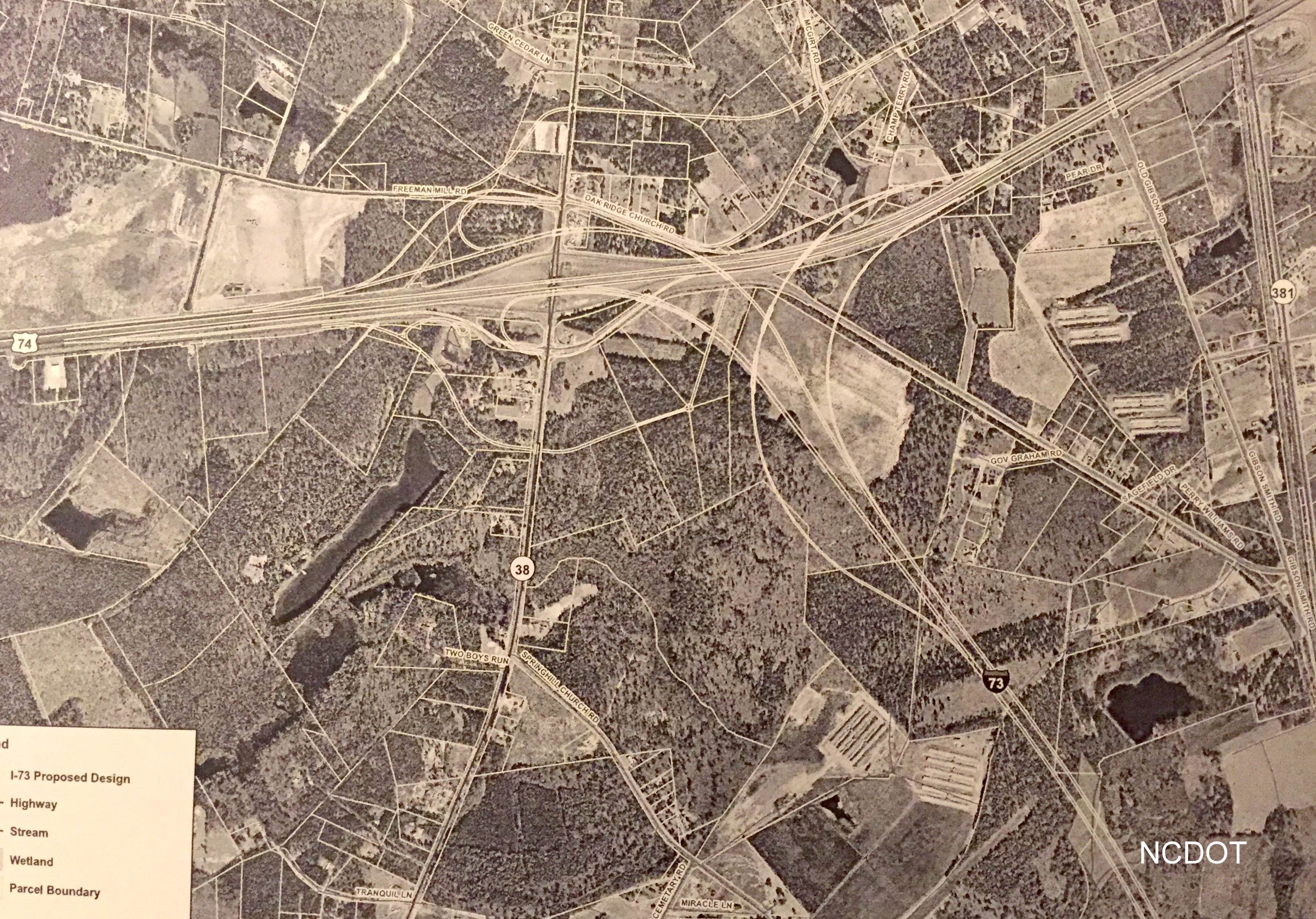 Image of map of proposed I-73 interchange and routing south from US 74 Rockingham Bypass, from NCDOT
