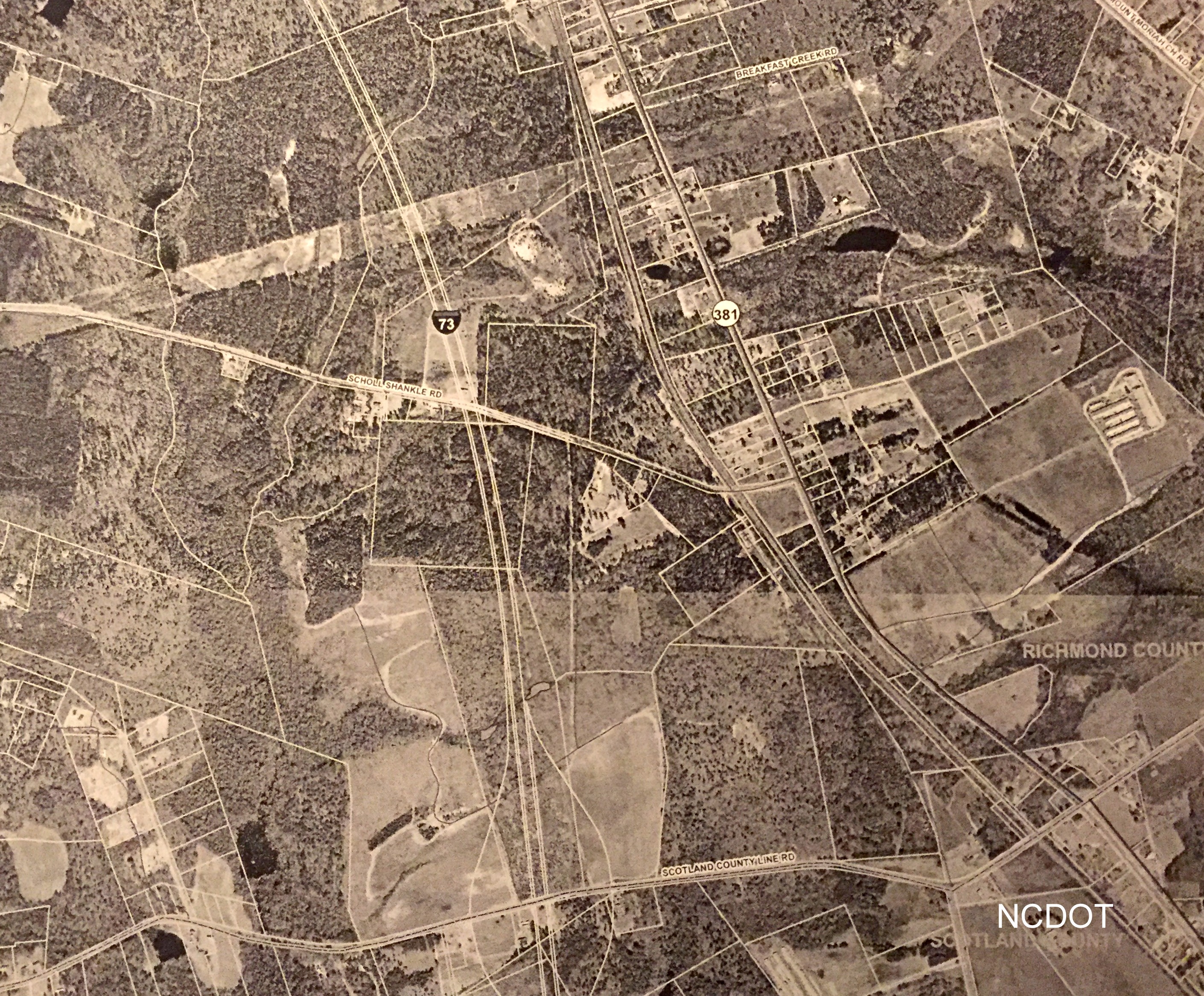 Image of map of proposed I-73 routing south of US 74 Rockingham Bypass, from NCDOT