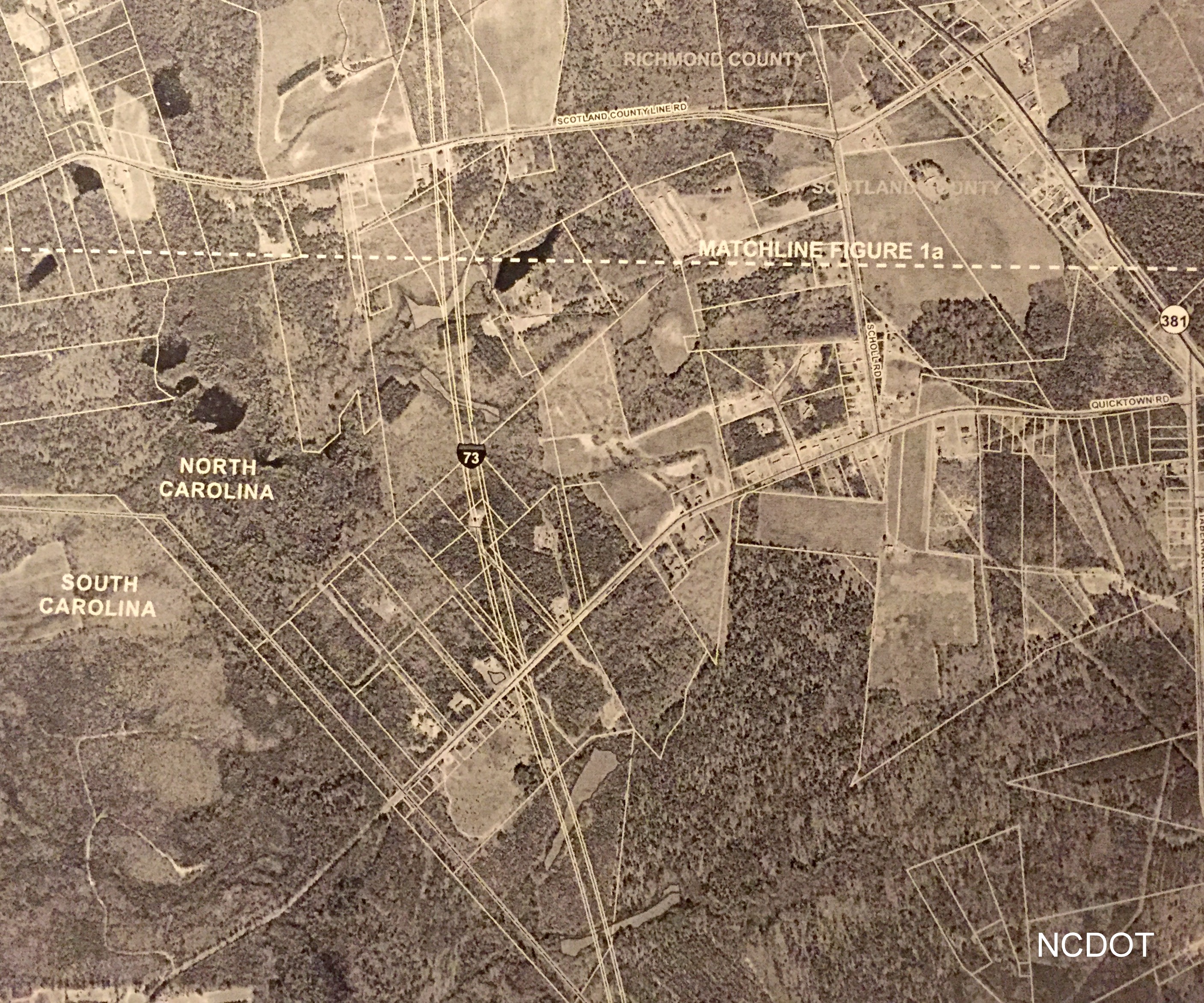 Image of map of proposed I-73 routing south of US 74 Rockingham Bypass approaching SC border, from NCDOT