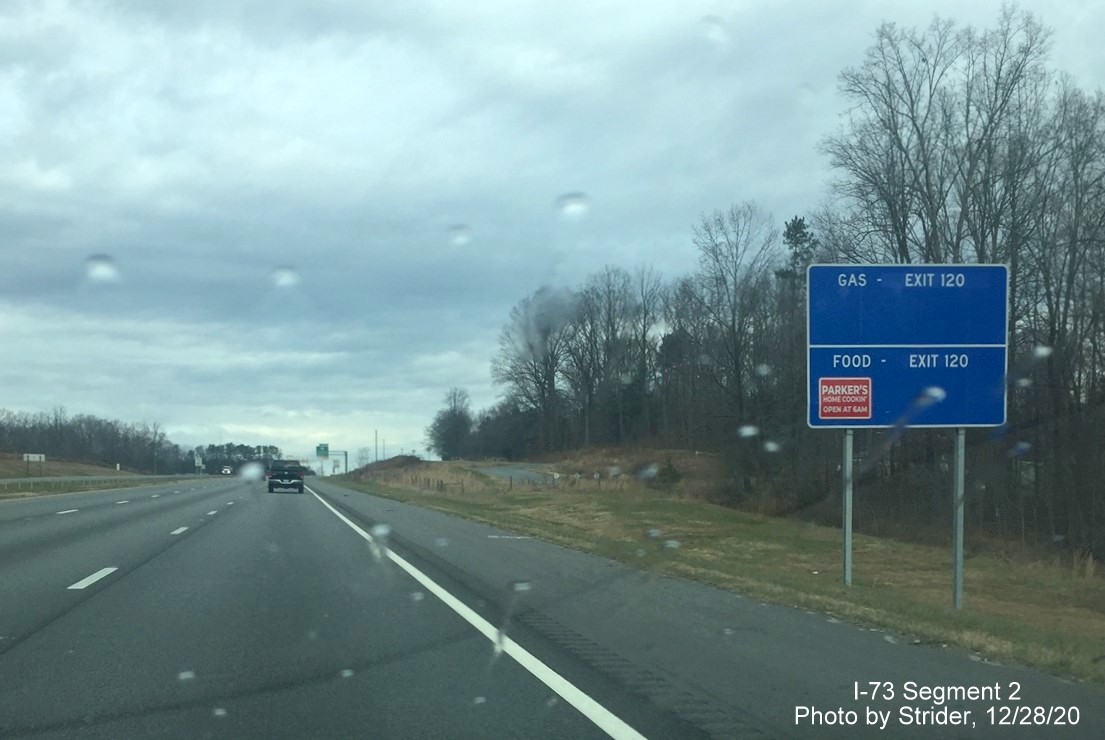 Image of new blue services sign for US 158 exit on I-73/US 220 North in Summerfield, by Strider, December 2020