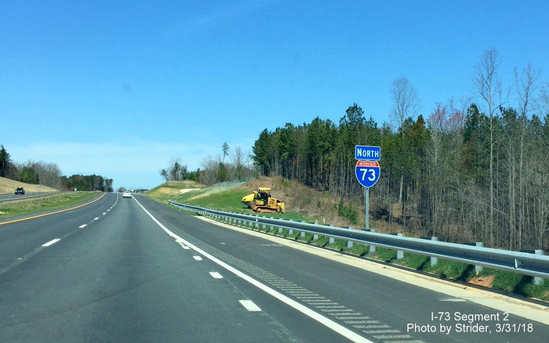 Image of newly placed I-73 North reassurance marker following NC 65 exit near Stokesdale, by Strider