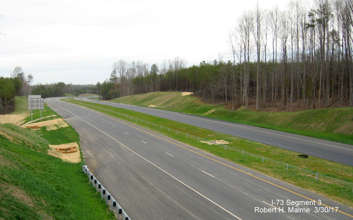 Image taken of view north of Alcorn Rd bridge over future I-73 lanes under construction in Guilford County
