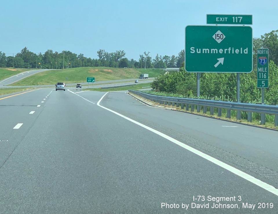 Image of ramp sign for NC 150 exit on I-73 North in Summerfield, by David Johnson