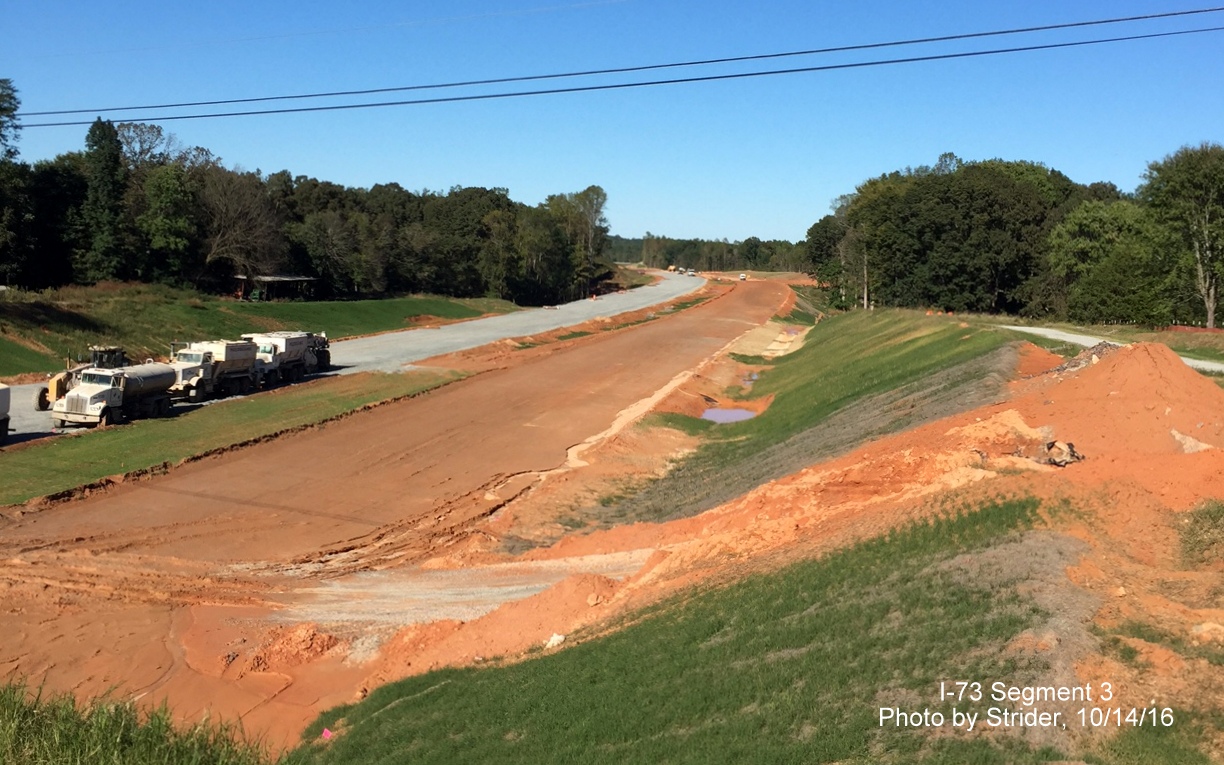 Image looking north from Deboe Road showing construction progress on future I-73 lanes, from Strider