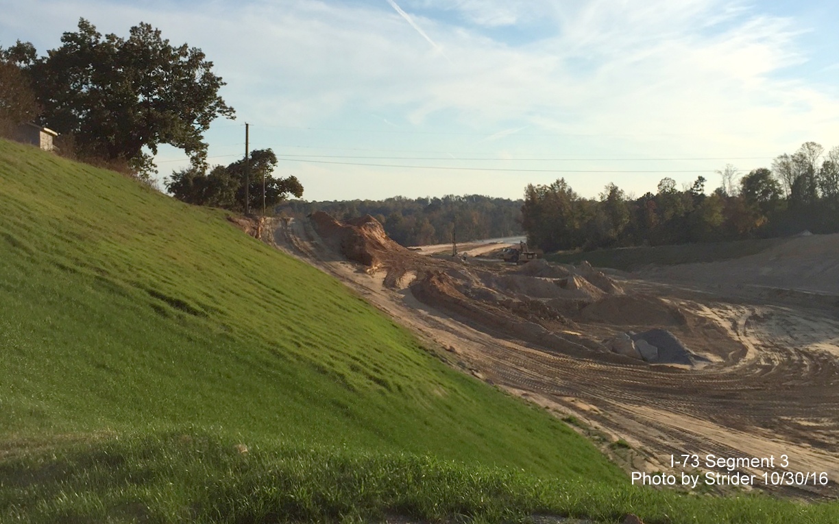 Image looking west from new alignment of Brookbank Road showing progress in constructing I-73, from Strider
