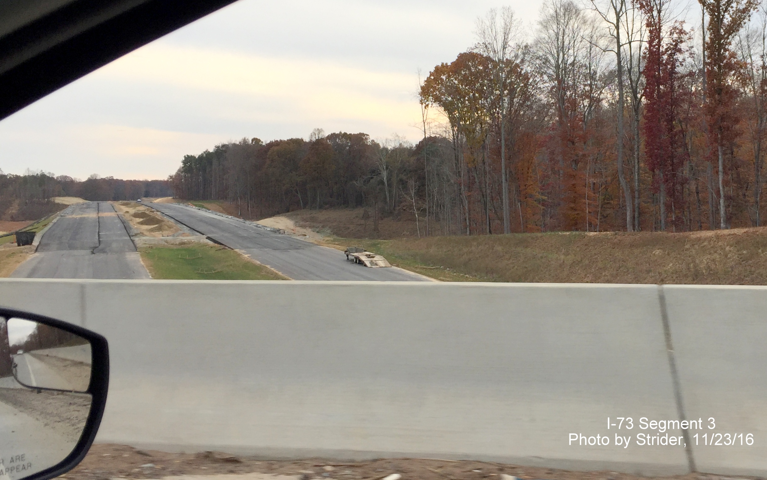 Image of view of I-73 roadway just south of US 220 bridge near north end of Connector near Haw River, from Strider
