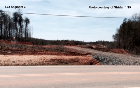 Image looking south of Bunch Road showing progress in the clearing of land for I-73, 
photo by Strider.