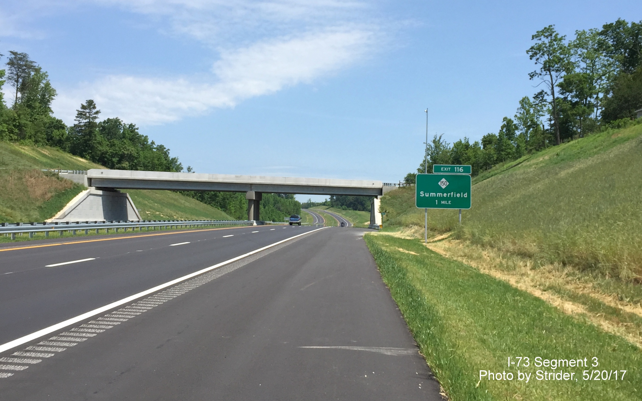 Image taken of 1 Mile Advance sign for NC 150 exit on I-73 North in Summerfield, by Strider
