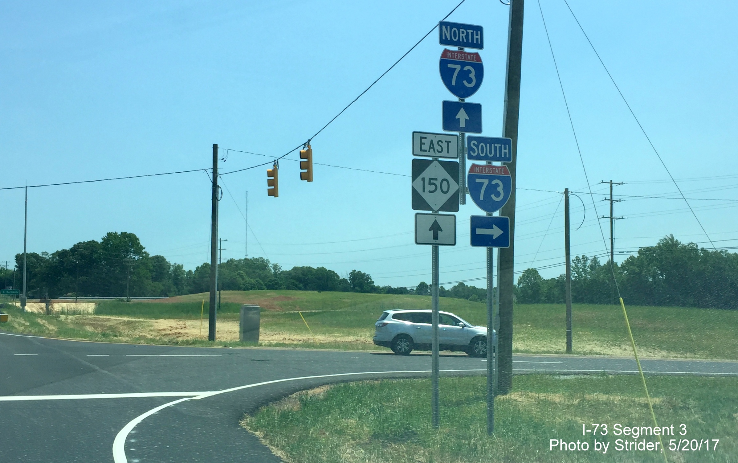 Image taken of I-73 South and NC 150 East trailblazers at newly opened interchange in Summerfield, by Strider