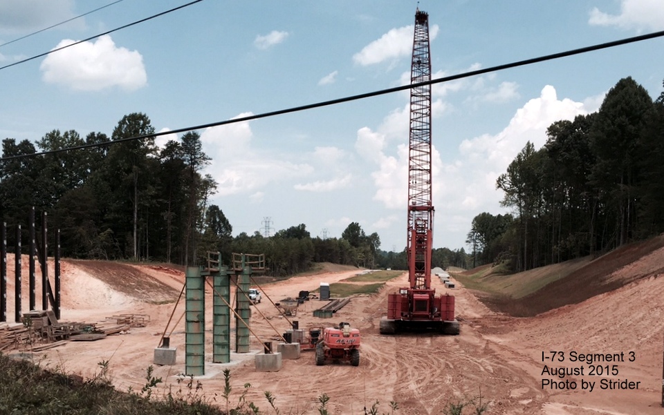 Image of Bridge piers being constructed at intersection of Alcorn Rd and NC 68 for 
I-73 Connector. Photo by Strider August 2015
