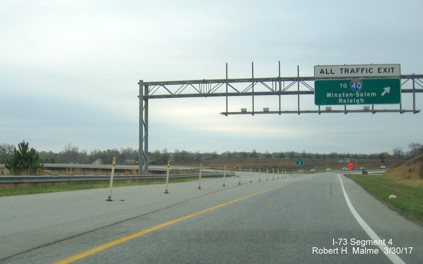 Image showing overhead signage at future split of I-840 East and I-73 South on ramp from Bryan Blvd East in Greensboro