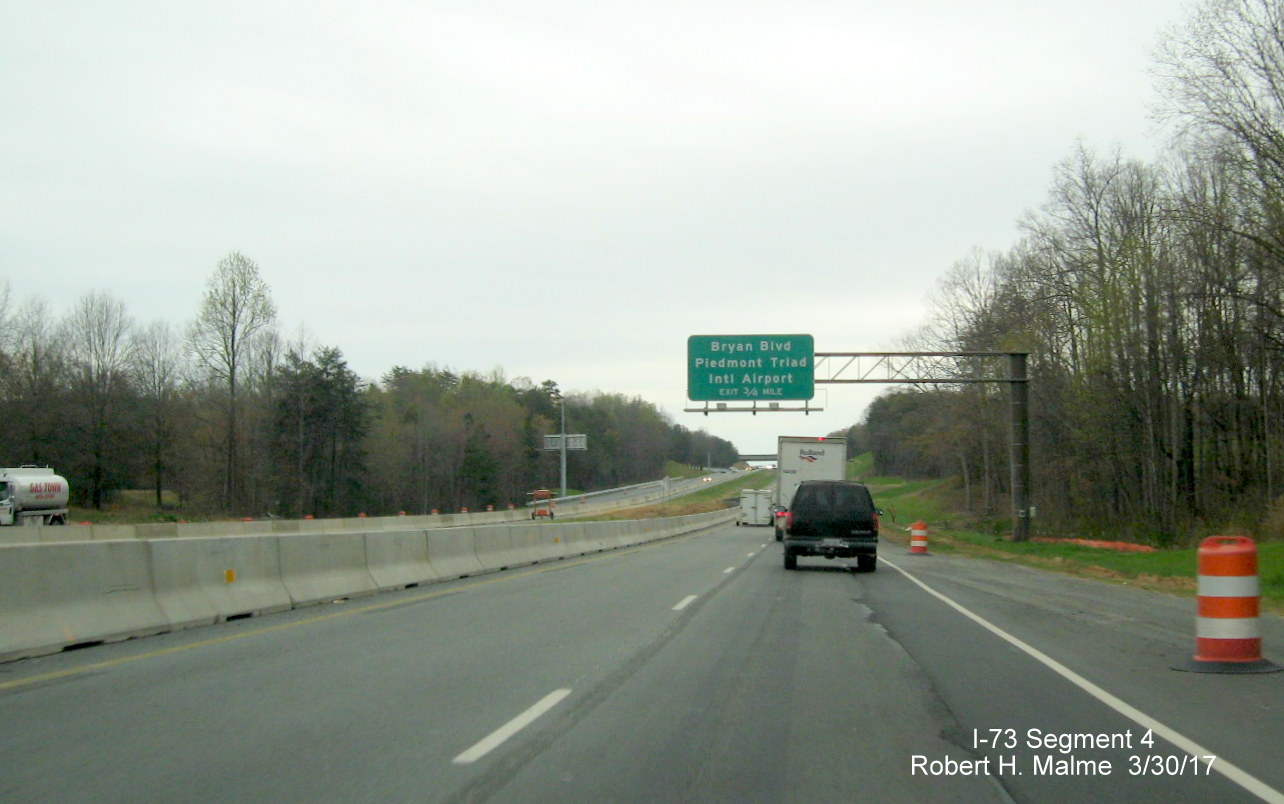 Image showing exit signage along NC 68 South in Greensboro that will be used by I-73 traffic temporarily in 2017