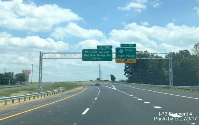 Image of exit signage at NC 68 South interchange with newly opened I-73 South in Greensboro, by Strider